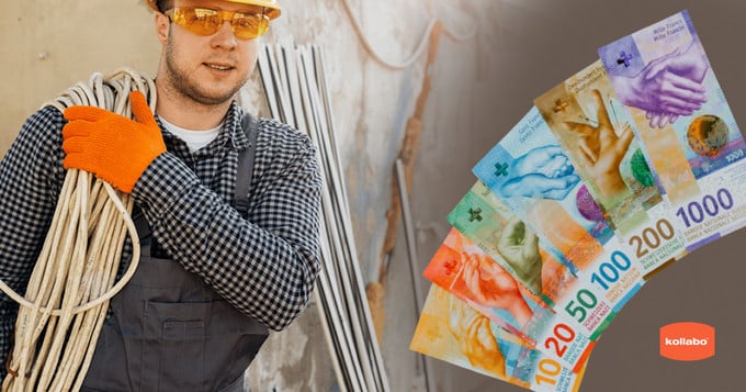 A construction worker holding a bunch of currency notes.