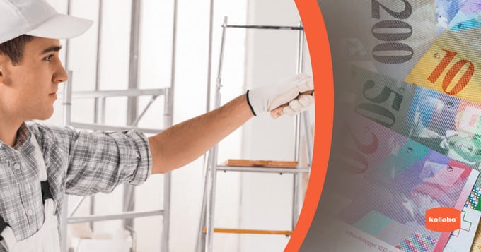 Ein Mann bemalt eine Wand mit Geld darauf.